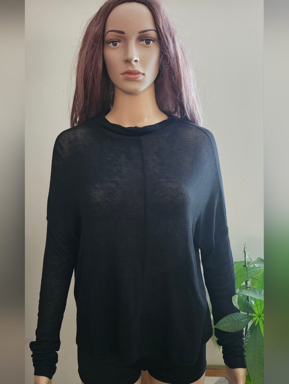 Aritzia Wilfred Black Lightweight Long-Sleeve Pullover Top High Neck Semi Sheer